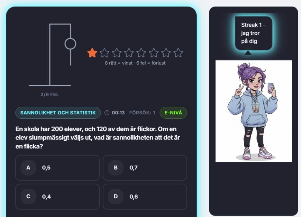 Matte-Hangman i MatteMästaren – fråga med flervalsalternativ, hangman-indikator och streak-uppmuntran