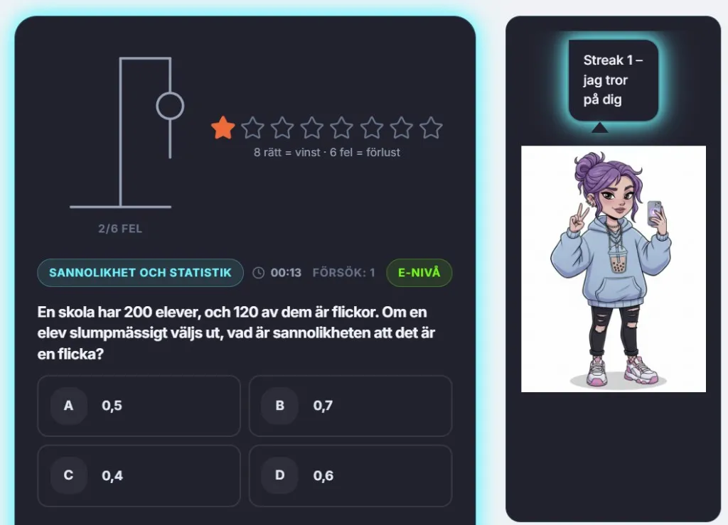 Matte-Hangman i MatteMästaren – fråga med flervalsalternativ, hangman-indikator och streak-uppmuntran