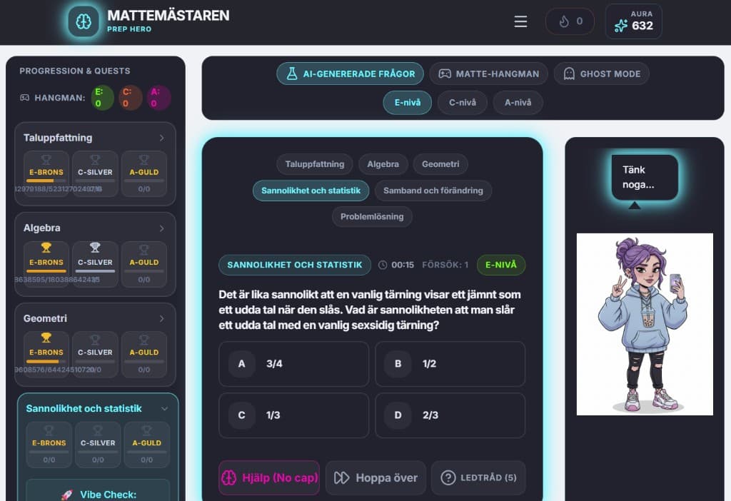 Skärmbild av MatteMästaren – AI-genererade frågor, Ghost Mode och progression för högstadiet