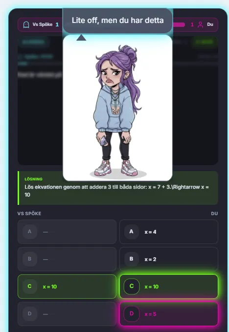 Battle – feedback och lösning efter svar, rätt och fel markerat