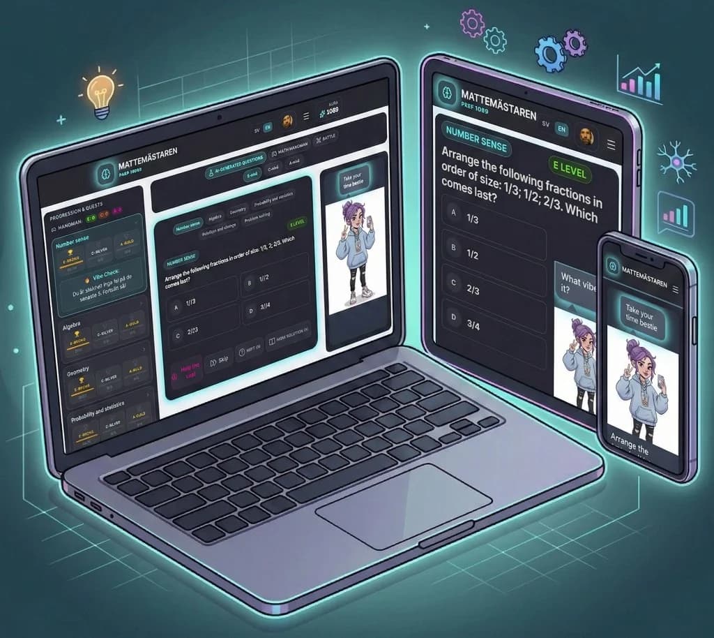 MatteMästaren på Chromebook, iPad och mobil – samma app, anpassad layout på dator, surfplatta och telefon