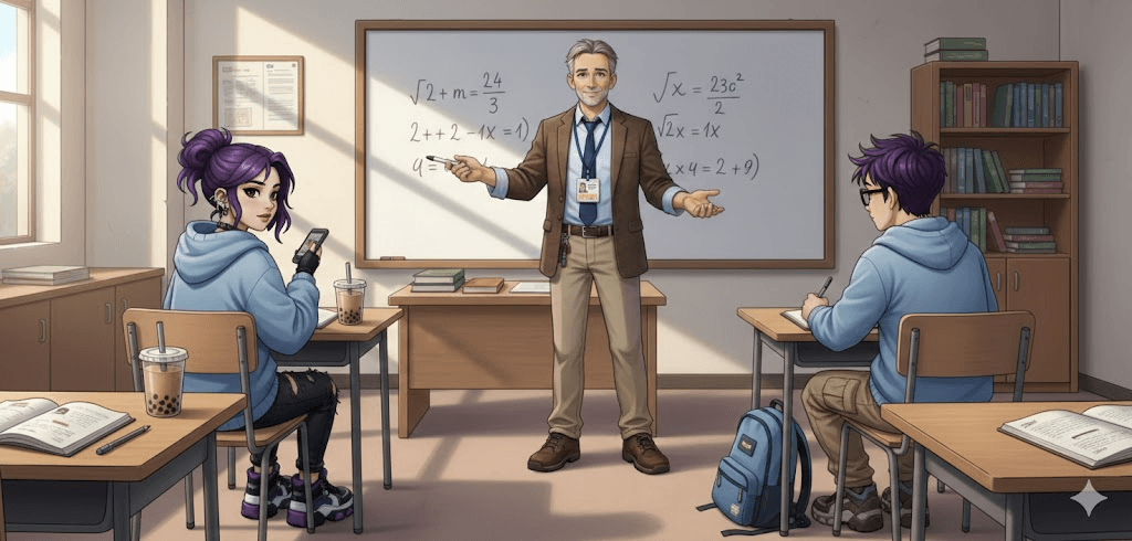 Klassrum – lärare och elever med MatteMästaren, whiteboard med matte