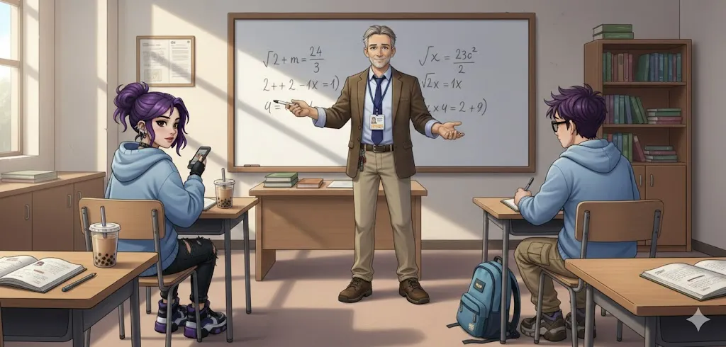 Klassrum – lärare och elever med MatteMästaren, whiteboard med matte