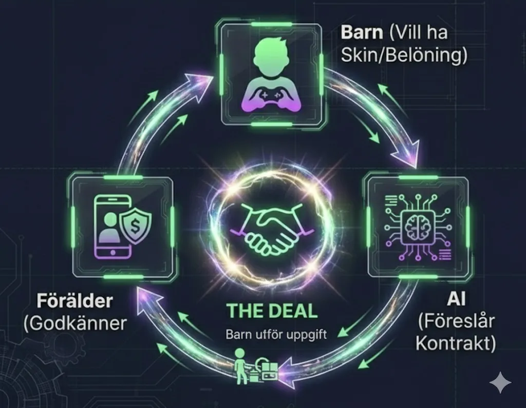 The Deal – Barn vill ha skin/belöning, AI föreslår kontrakt, barn utför uppgift, förälder godkänner